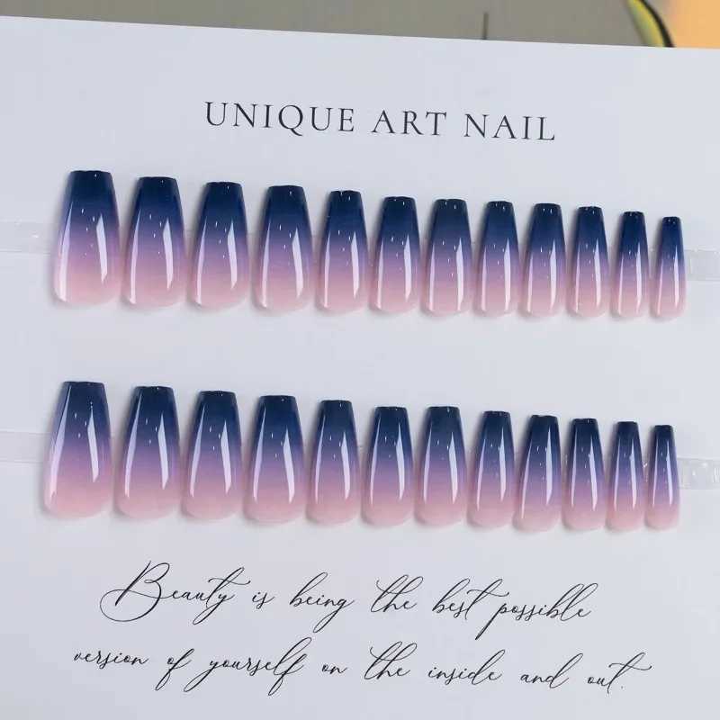 24 Coffin square artificial fake nails with glue pressed onto the nails complete set of tools long purple blue gradient fake nails W250410