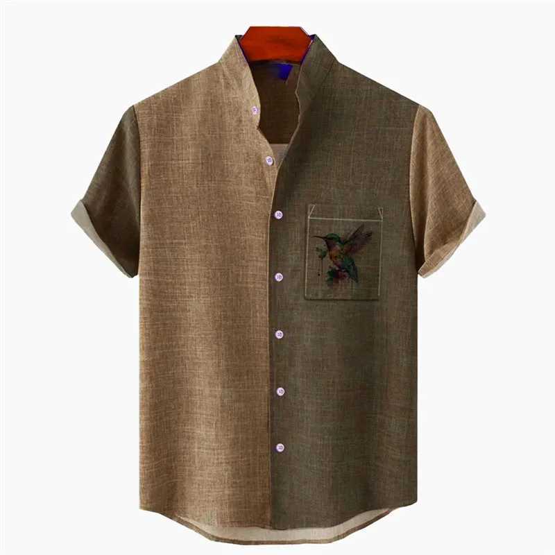 3D printing mens shirt linen shirt pattern printing parrot leaf standing collar white light green purple green gray outdoor street X250410