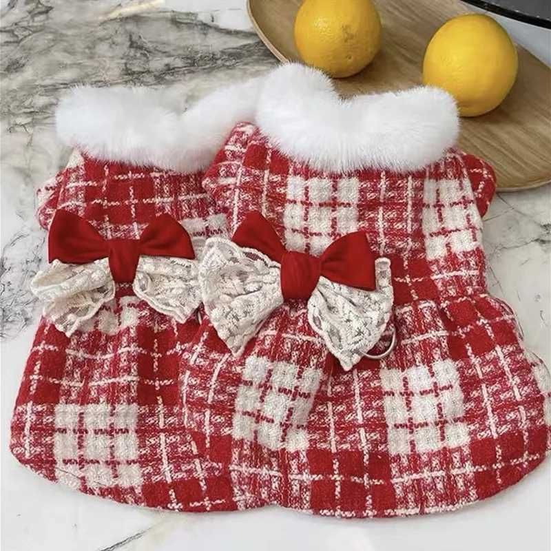 Pet Autumn/Winter Checkered Dress with Plush Collar Princess Dress Teddy Bow Yorkshire Cat Coat Dog Dresses for Small Dogs J251110