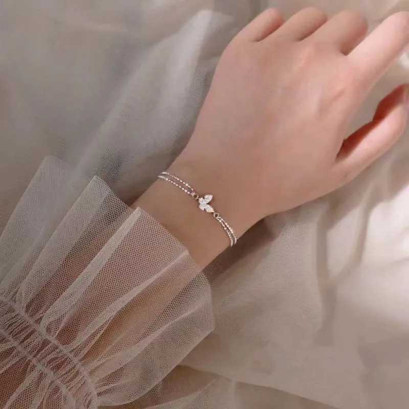 Sweet Shining Zircon Butterfly Bracelet for Women Anti-Allergic Silver Color Chain Bling Bracelet with Stamp GiftT251110
