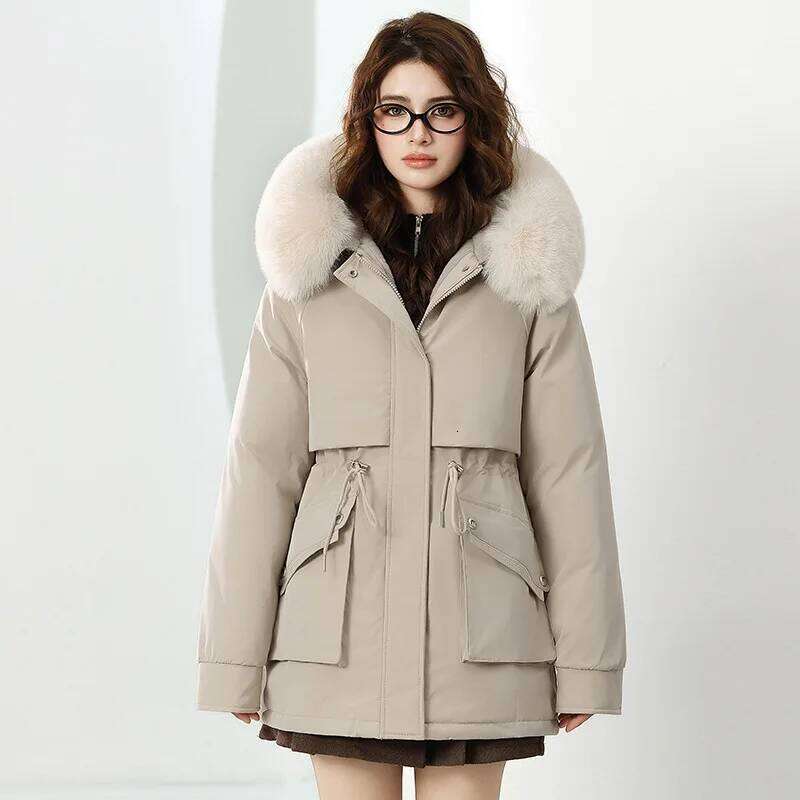 Cotton Padded Hooded Detachable Fur Collar Coat Women's Winter Thickened Fleece Lined Snow Parka Loose Warmer Long Jacket Female