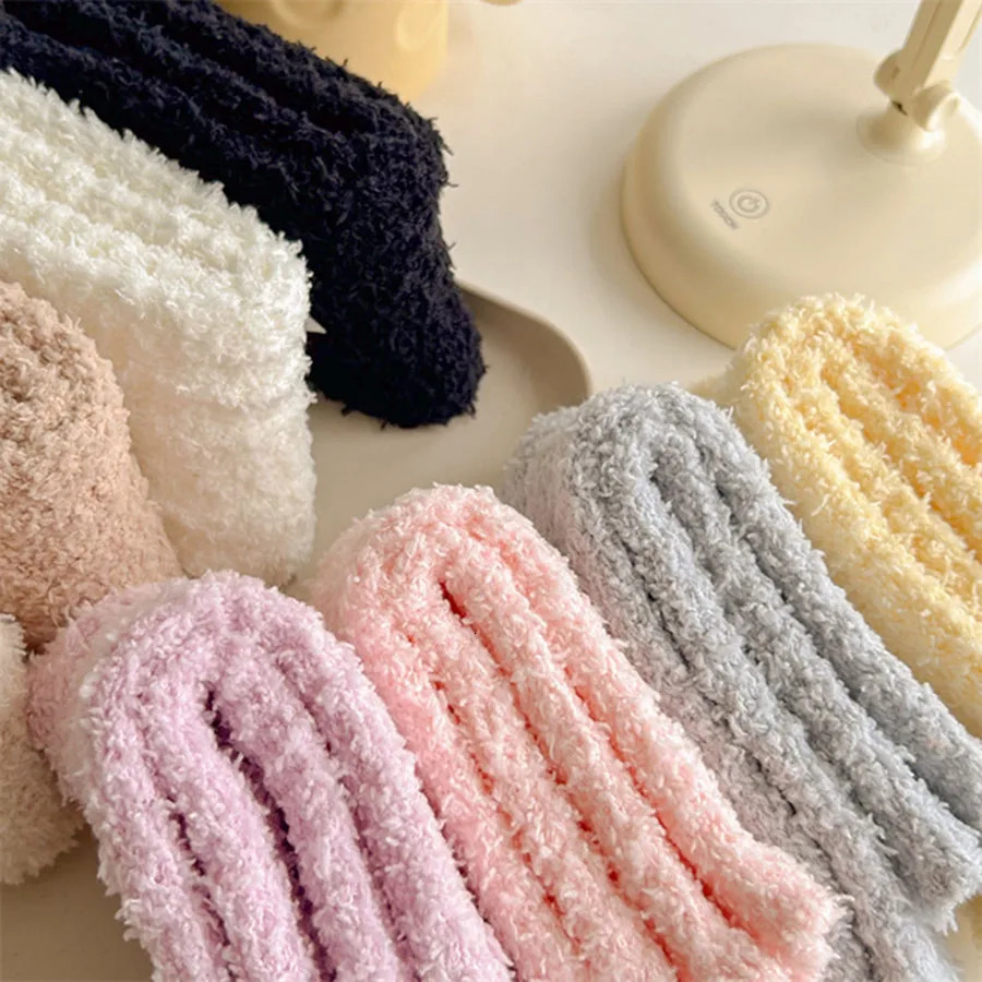 Lolita Sweet Women Bows Coral Fleece Socks Winter Thicken Warm Home Floor Socks Candy Color Soft Plush Socks Sleeping Socks 251106