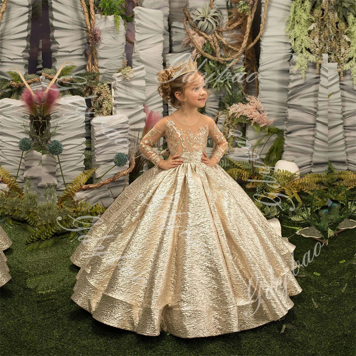 Golden satin flower girl dress suitable for children transparent neckline sequin sticker bow wedding party dance dress full set of birthday dresses 25