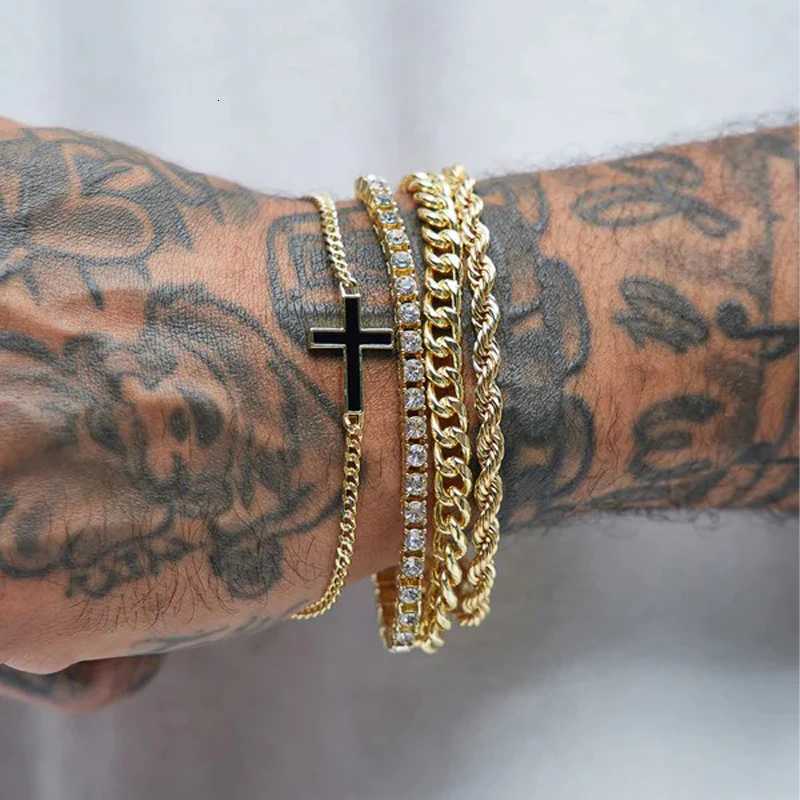 4pcs Stainless Steel Cross Chain Bracelet Set for Men Women Punk Hiphop Minimalist Zircon Bracelets Daily Wear Party Jewelry NewT251110