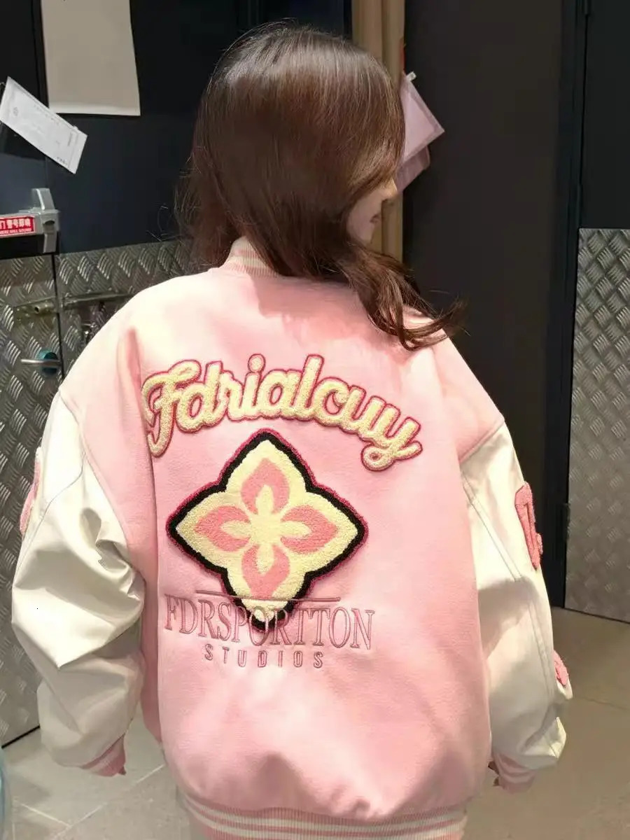 Harajuku Trendy American Y2K Pink Splicing Plush ed Pattern Bomber Jacket Womens Spring 90s Style 250410