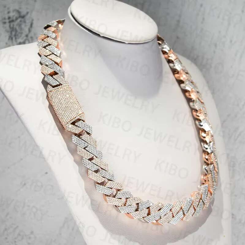 Iced Out Two Tone VVS Necklace Sterg Sier and Rose Gold Plated Big Huge 18mm Moissanite Cuban k Chain