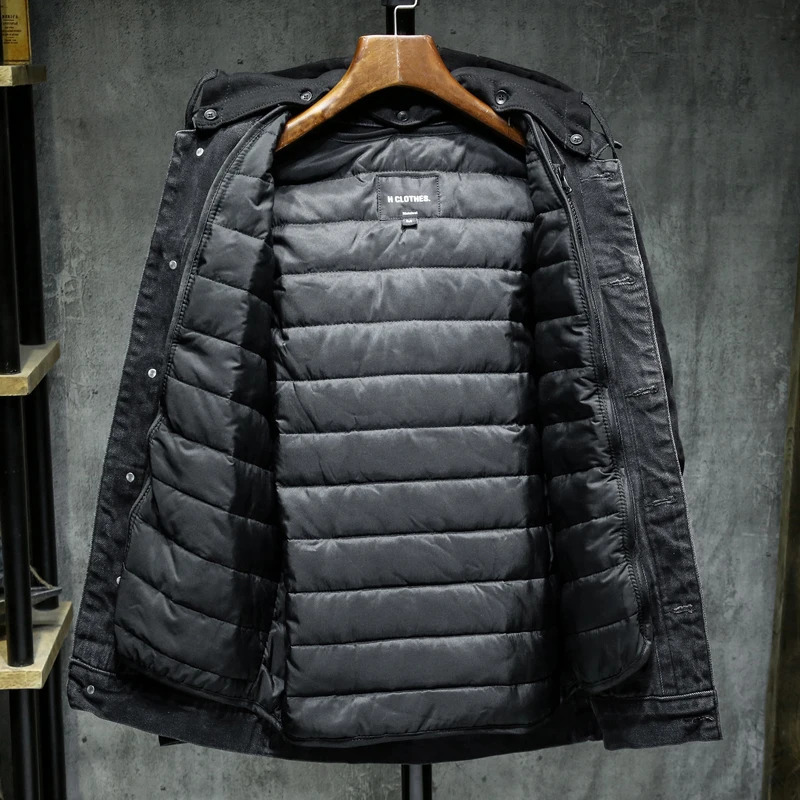 Thick winter black hooded denim jacket with warm mens lining and cotton thick large size 5XL 250401