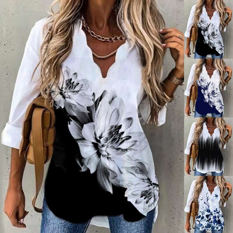 2025 Summer Amazon Cross-Border European and American Women's Fashion Elegant New Hot-Selling Wave Collar Shirt Printed Long Sleeve Women