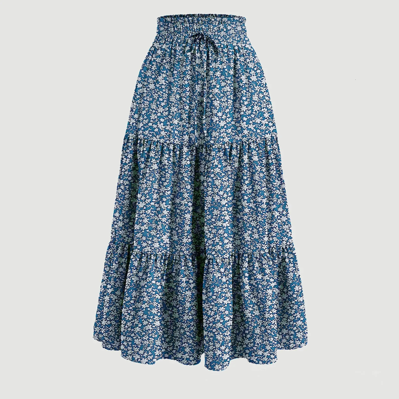 Womens Bohemian retro floral print Maxi leather lace elastic waist loose long Falda short holiday Flowy Aline skiing 250410