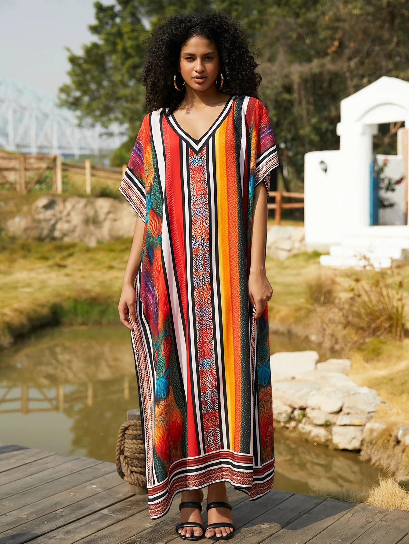 Womens Maxi dress retro print beach Kaftans swimsuit hooded summer holiday factory supply direct shipment 250408