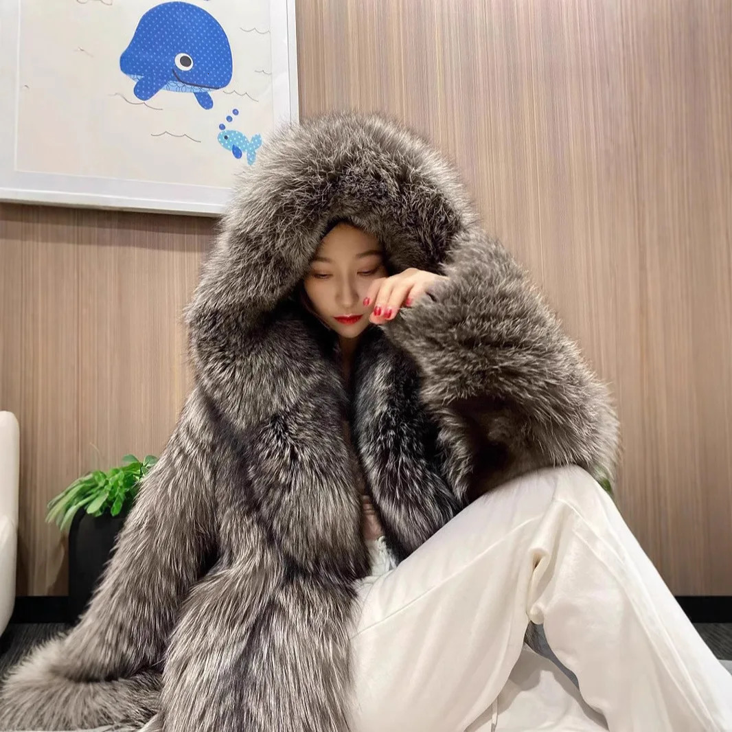 Chic Winter Women Faux Fur Coat Gradient Hooded Thick Long Fox Jacket For Female Highstreet Lady Artificial 251110