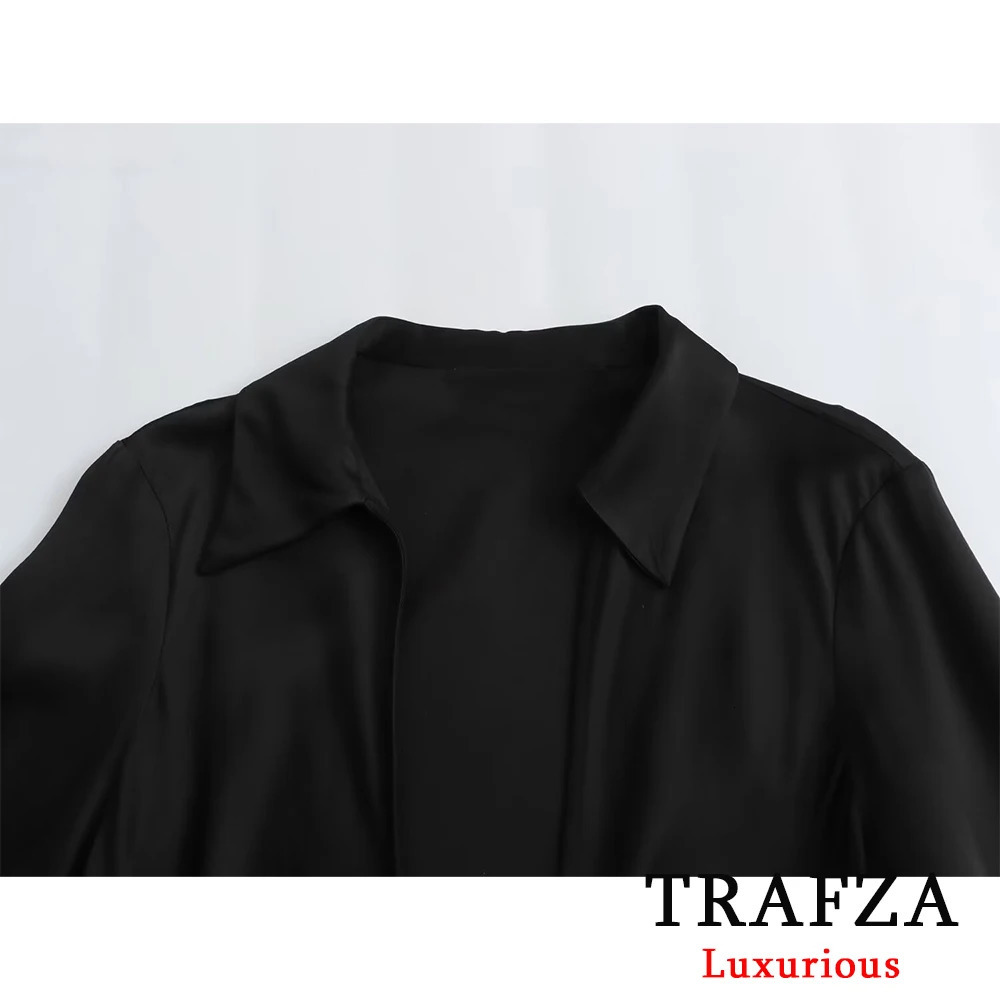 TRAFZA sexy black satin tie shirt womens long sleeved V-neck ultra-thin top fashionable summer elegant silk top 250409
