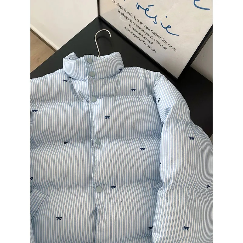 Womens Winter Tops Jacket Cotton Coat Striped Bow Thickened Warm Vintage Simple Comfortable Leisure Fashion Niche Versatile 251107