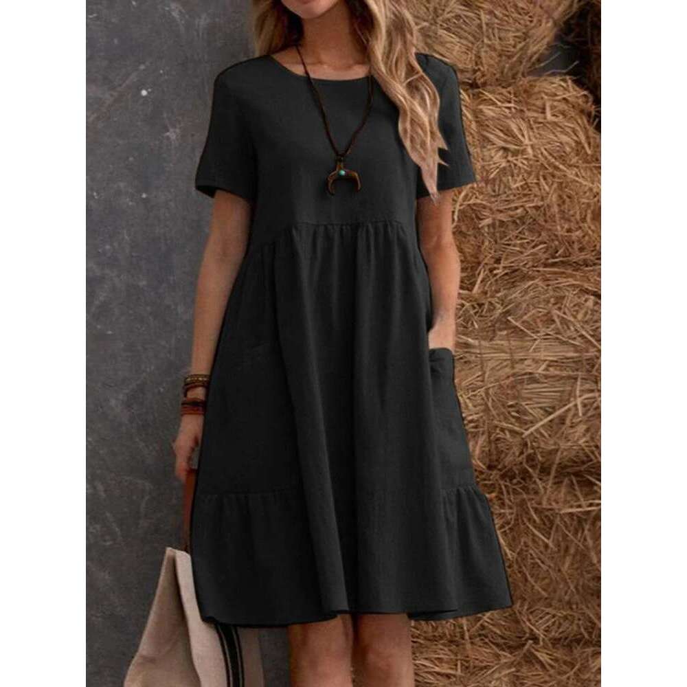 2025 Summer European and American Cross-Border TEMU Independent Station Retro Loose Pocket Solid Color Round Neck Women's Cotton Linen Dress