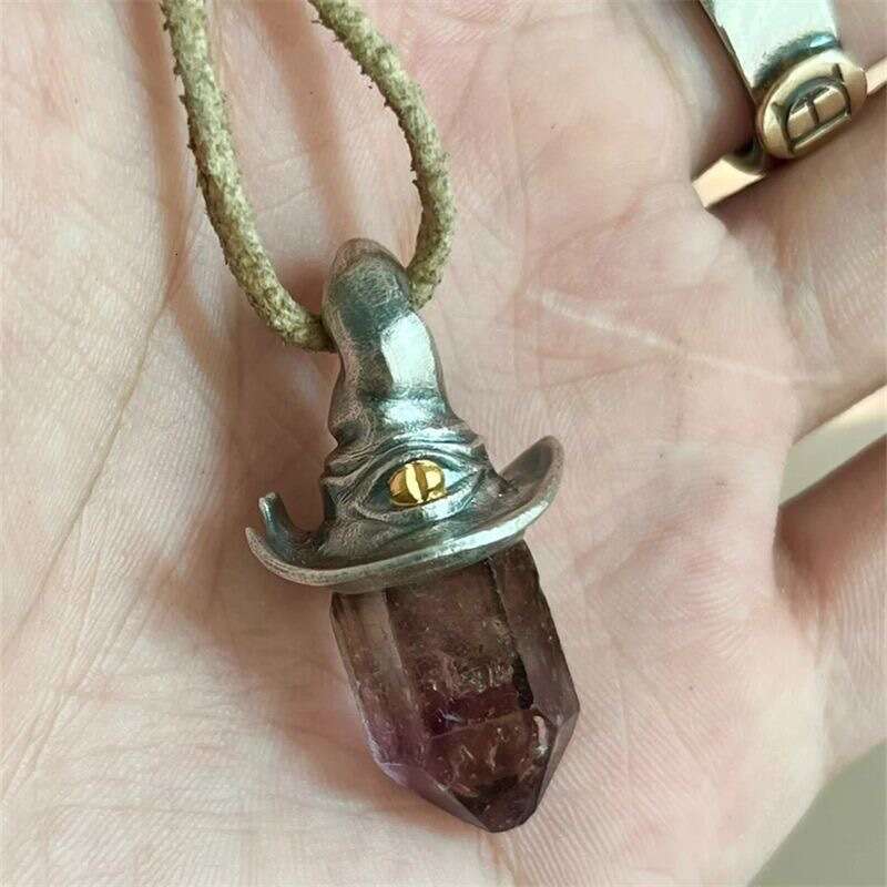 Cross-Border Yuji Retro Style Natural Amethyst Hexagonal Pillar Witch Hat Unique and Simple Niche Pendant