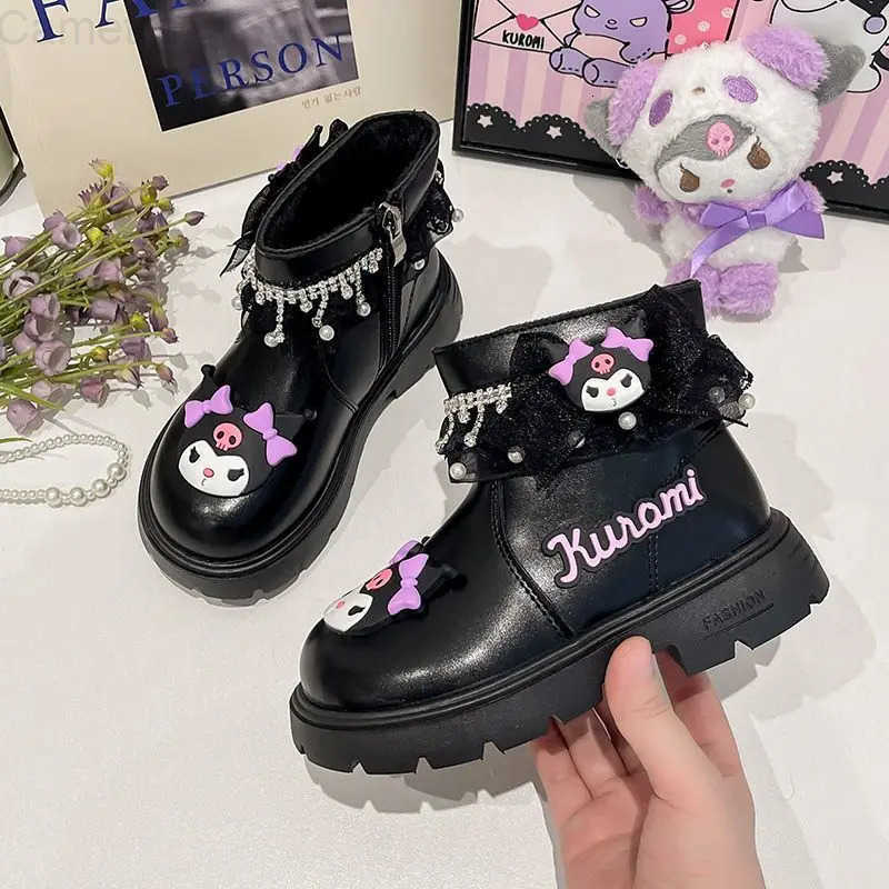 Sanrio Kid Princess Shoes Cute Kuromi Soft Sole Girls Leather Boots Non-Slip Autumn Winter New Children Short Boots Cotton Shoes H251110