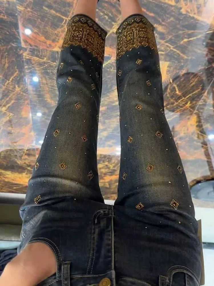 Rhinestone Women Jeans Fashion Washed Casual Pants All-match Straight Trousers Concise Bottom Clothes Spring C251110