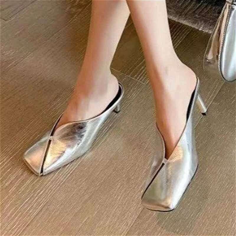 Square Toe High Heels Slippers Women Sandals Summer 2025 Brand Mules Leather Sexy Sgback Shoes Woman Pumps Sandalias