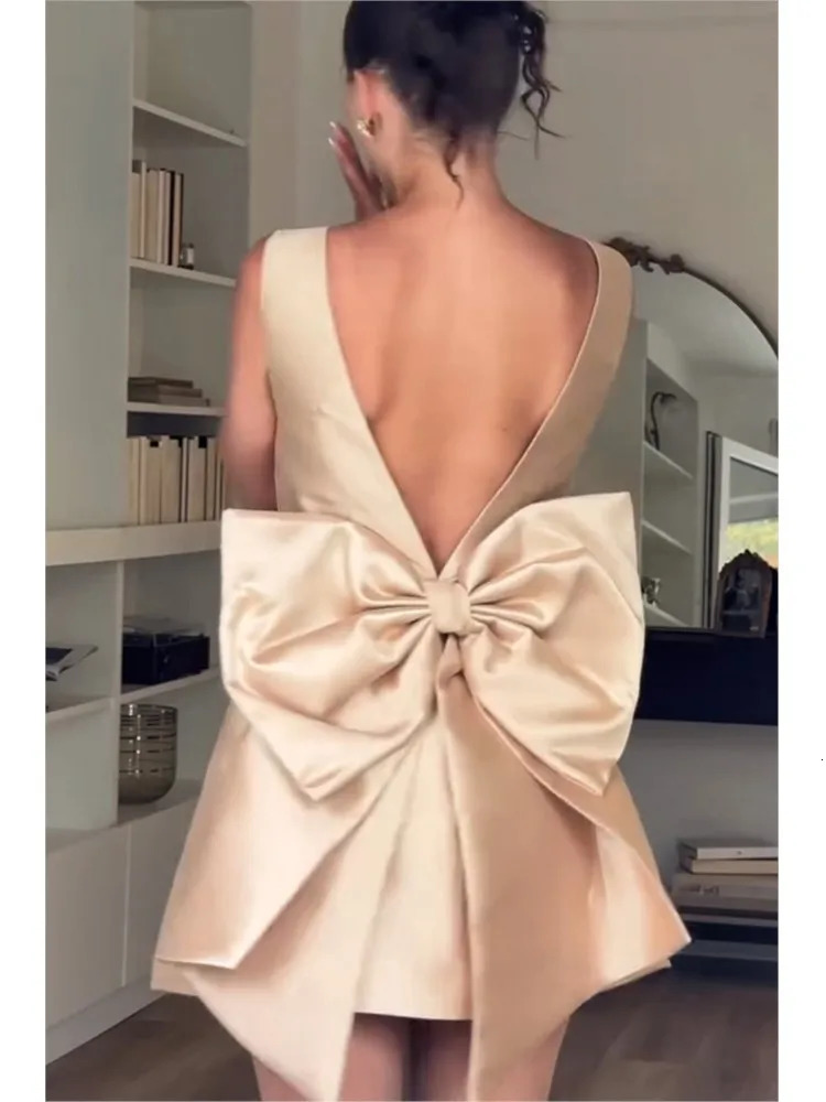 Womens backless sexy mini dress summer style satin square neckline sleeveless bow high waisted sweet party dance evening dress 250403