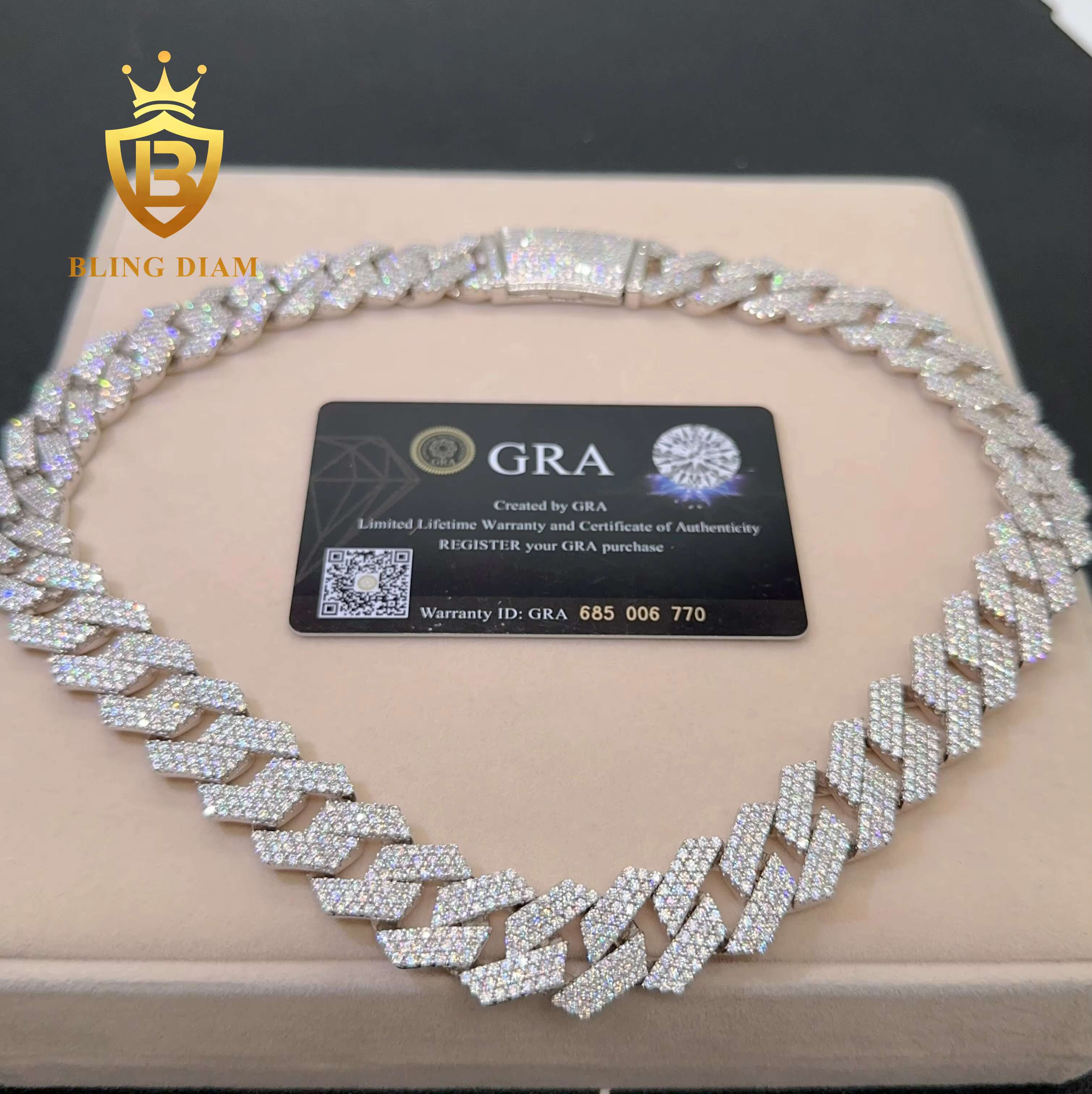 Iced Out Cuban Necklace 3 Row 18mm Hip Hop Fine Jewelry Vvs Moissanite Sterling Silver 925 Cuban Link Chain