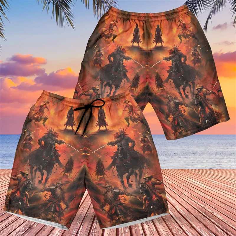 Fashionable Japanese samurai graphic beach shorts mens trend summer street 3D printed shorts cool oversized childrens swimming trunk X250410