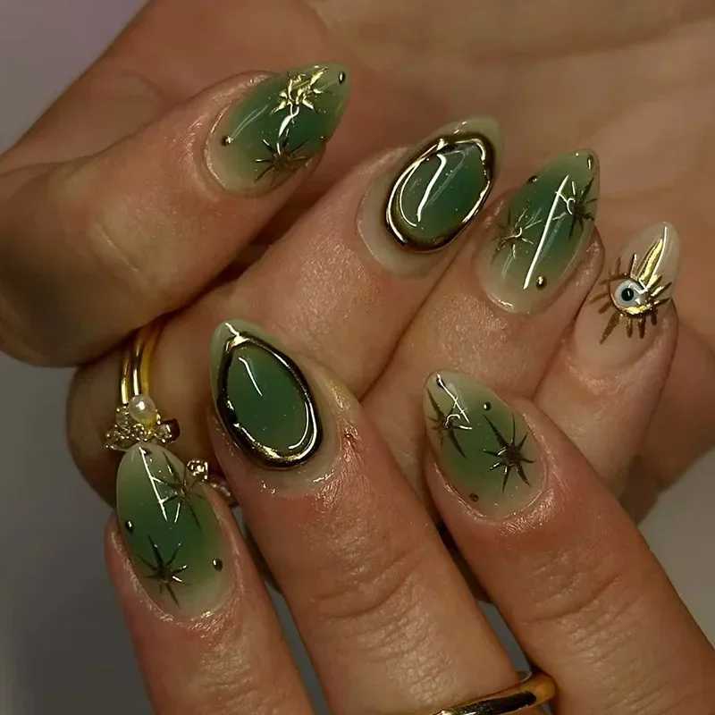 24Pc green cat eye French fake nail with 3D metal wire sun pressed on wearable short almond artificial nail W250410