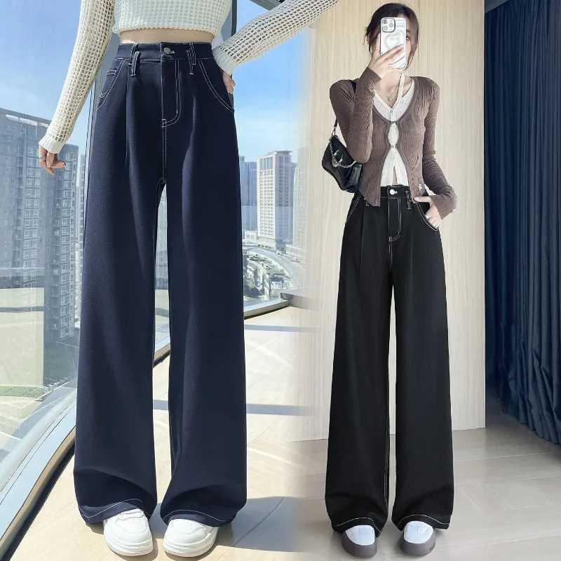 2025 New Autumn Vintage Denim Casual Loose Womens Wide Leg Pants High Waist Solid Female Straight Office Full Length Trousers C251110
