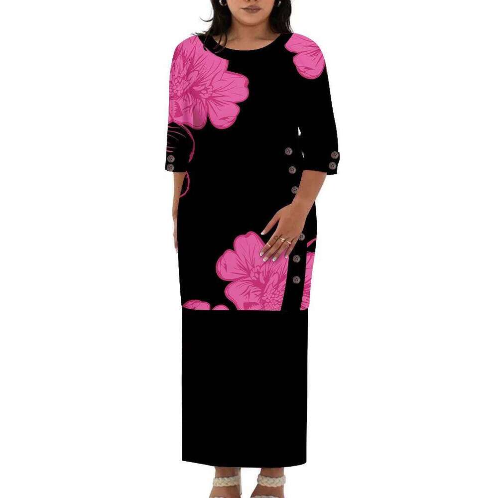 Hawaii Style Design Big Size Ladies Long Custom Polynesian Puletasi Ptaha Dress O Neck Prom Clothes 2 Piece Outfits Sets