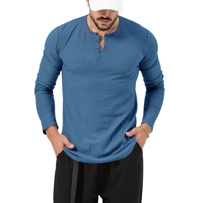 2024 Spring and Autumn Clothing Mens T-shirt Henley Shirt Long Sleeve Mens Bottom Shirt Mens