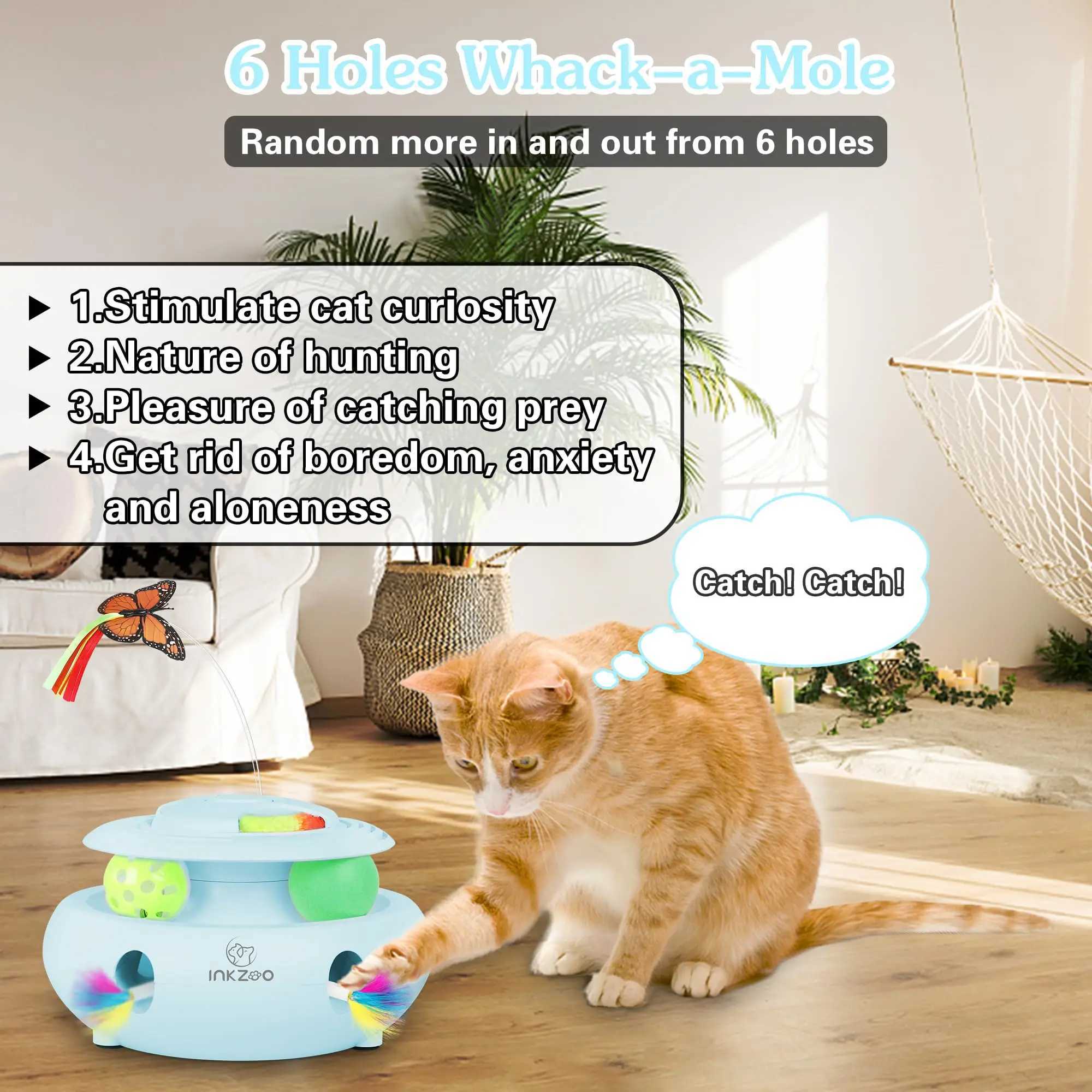 INKZOO 4-in-1 Interactive Cat Toys for Indoor Cats Automatic 6 Holes Mice Whack-A-Mole Fluttering Butterfly Track Balls USB J2511081