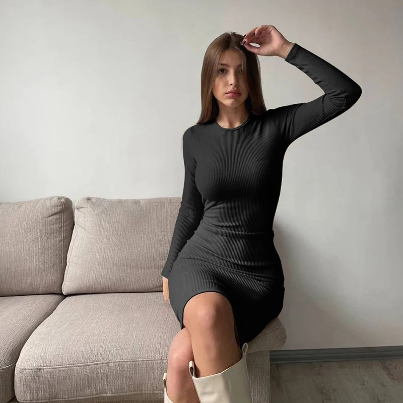 Autumn Winter Dresses Women Fashion Casual Slim ONeck Long Sleeves Elegant Dress Sexy Black Female Club Party Maxi 251110