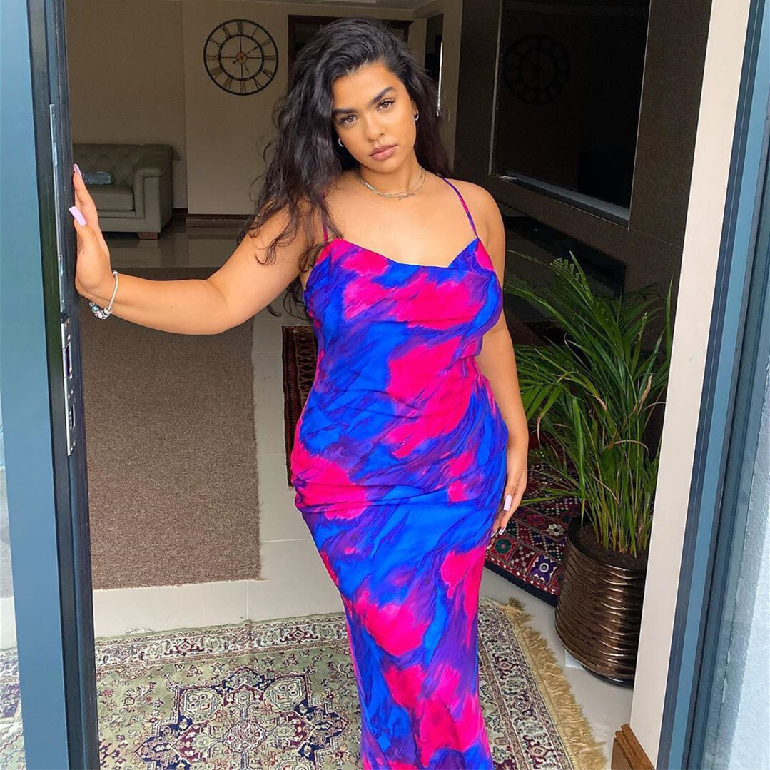 2025 Summer Women's Sexy Print Heap Neck Strap Open Back Midlength Dress
