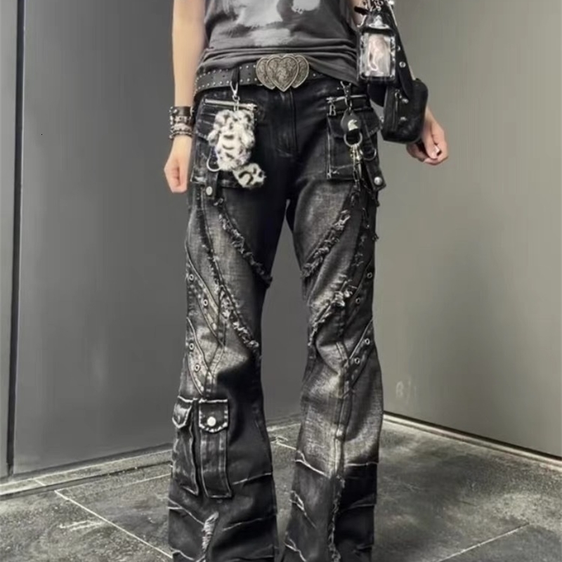 Autumn Winter Womens Denim Pants Dark Academia Cargo Jean Flared Bell Bottom ner Kpop Japanese Y2k 2000s Goblin Core Z260313