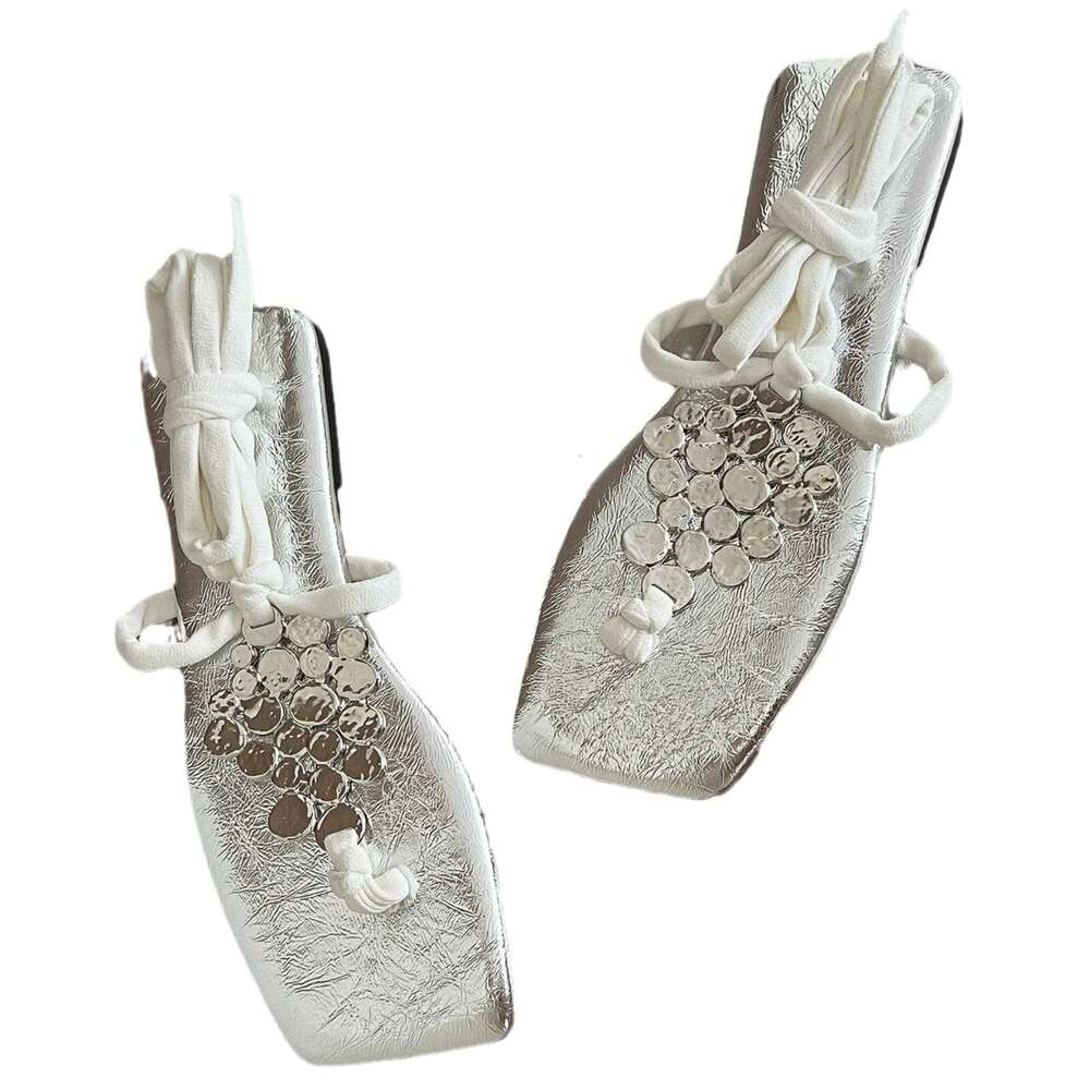 Woman Sandals Summer Square Toe Sandals Metal Low Heel Flat Roman Sandals With Fairy Style Cross Straps Beautiful Women S Shoes