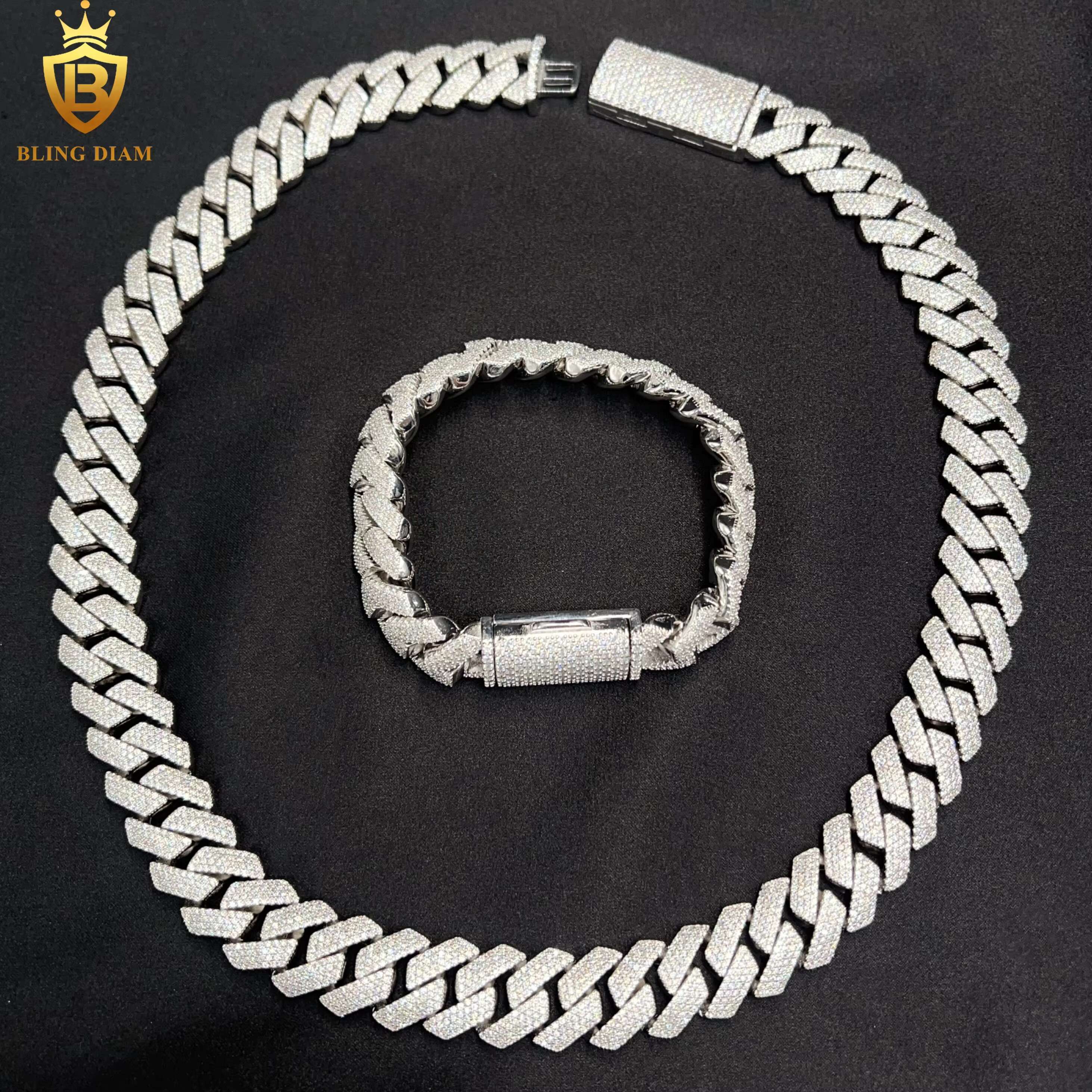 15mm Hip Hop Jewelry 4 Row Iced Out Promotion Miami Cuban Link Chain Moissanite 925 Silver Bracelet Necklace for Men