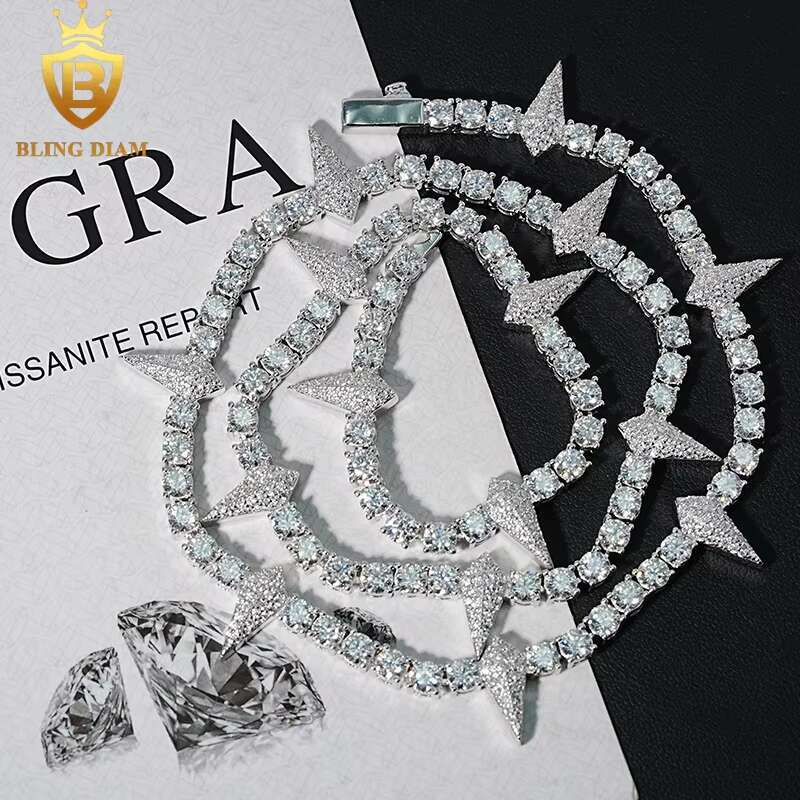 4mm Fashion Hip Hop Jewelry 925 Silver VVS Moissanite Iced Out Tennis Chain Cluster Thorn Shape Necklace