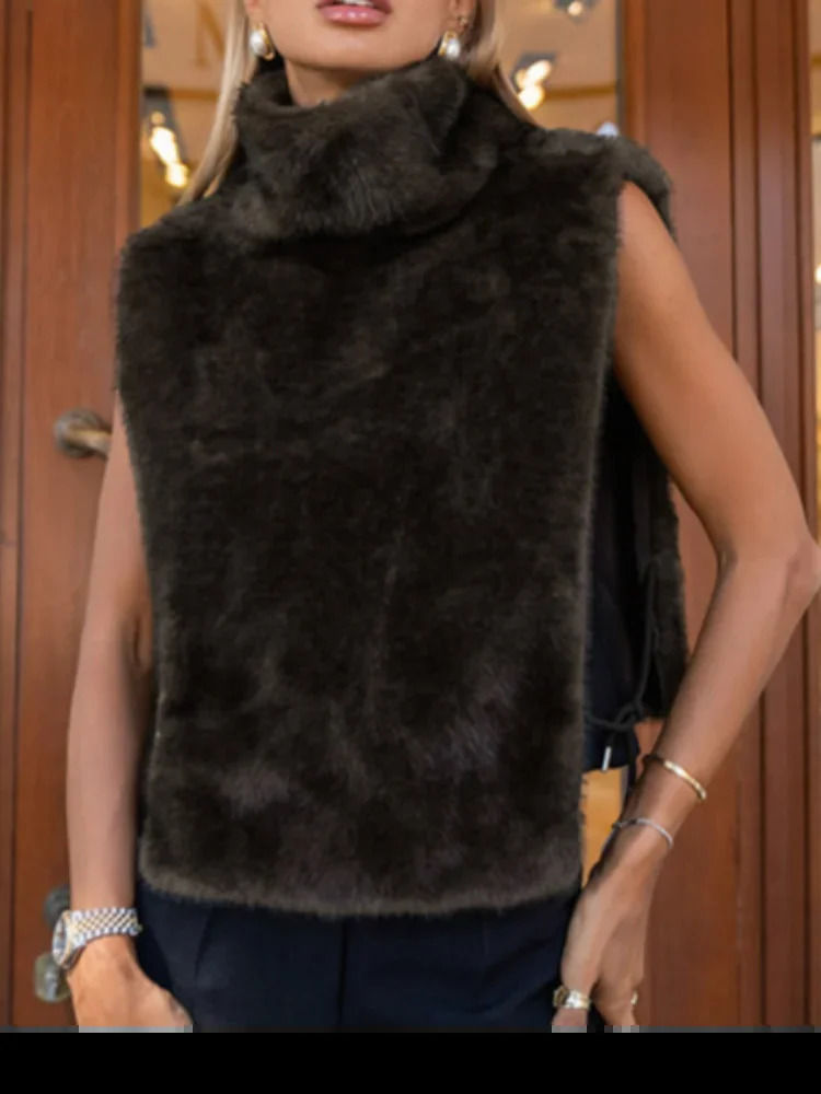 Women Solid Thickened Fur Jackets Fashion Pink High Neck Sleeveless Loose Short Coat Autumn Chic Street Lady Outerwear 251110