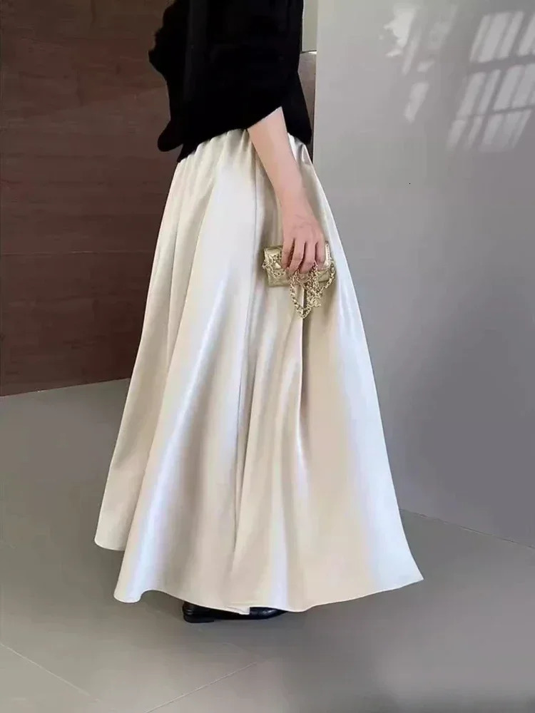 Spring 2025 Womens Long Elastic Waist Satin Aline Skiing Ladies Elegant Solid Loose Wrinkle Maxi Umbrella 250407