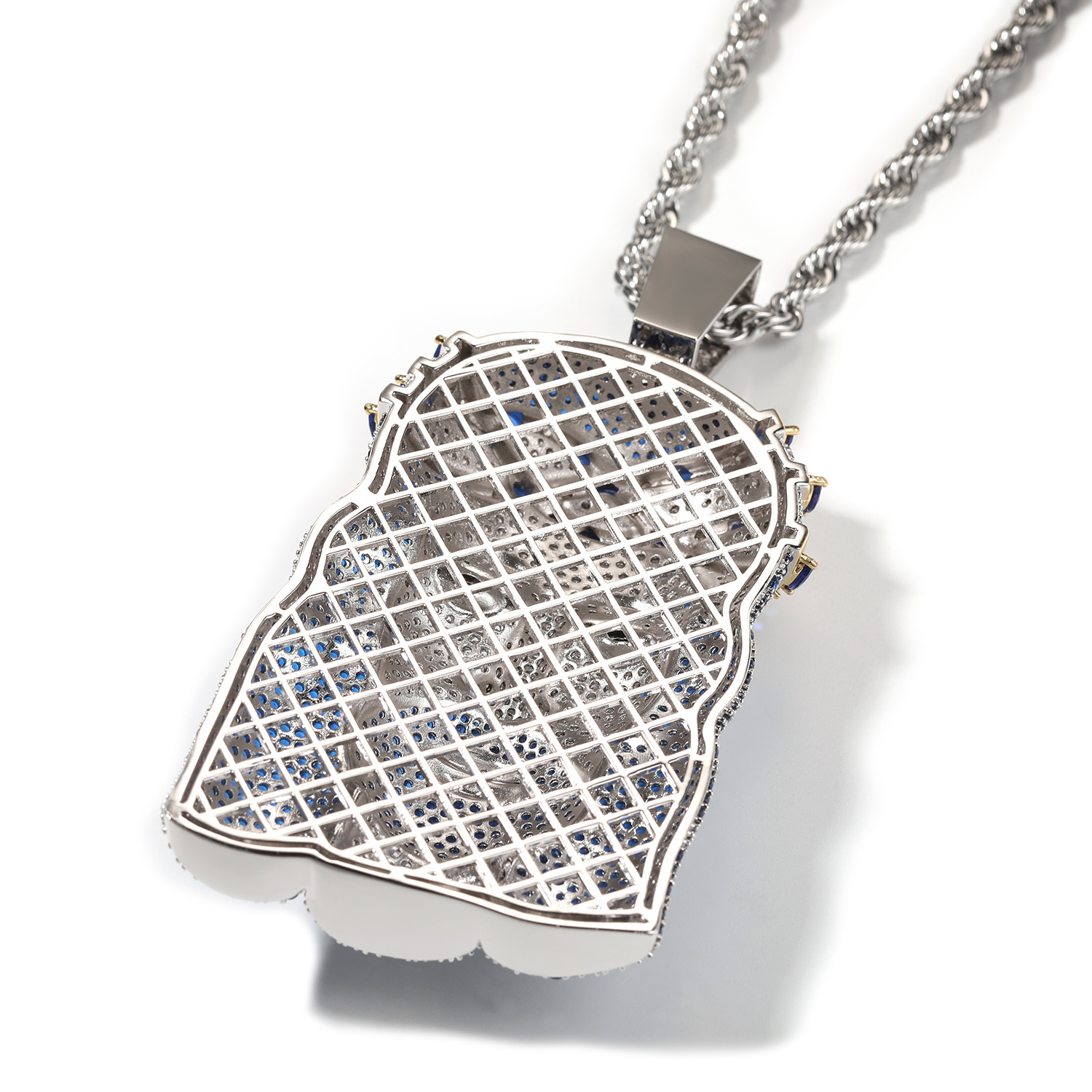 Hip Hop Jesus Face Pendant Necklace Blue 5A Zircons White Gold Plated Religion Jewelry