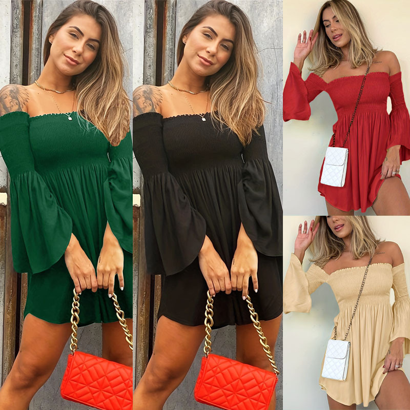 K46Sophisticated Single Shoulder Bell Sleeve Cocktail Dress for US & EU Fashion Enthusiasts