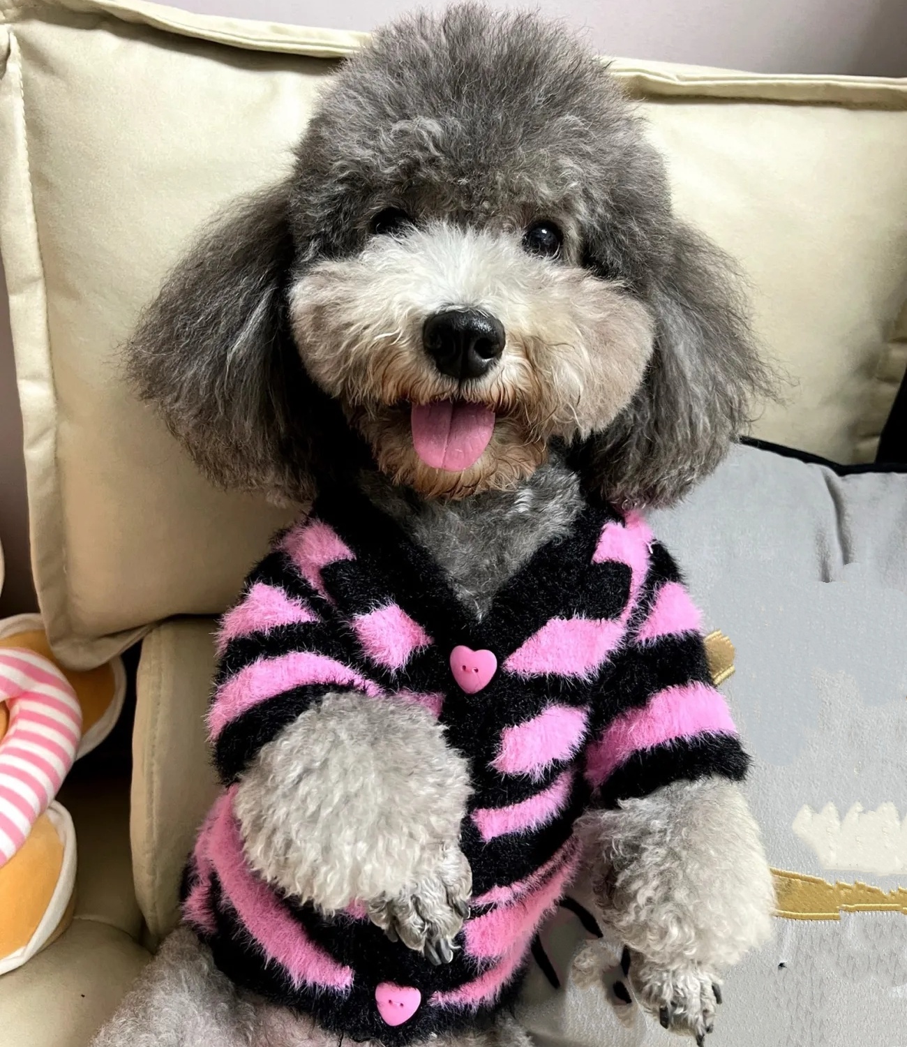 Fluffy Pink & Black Striped Design, Warm Pet Sweater for Small Dogs, Cute Heart Details, Soft Material, Fashionable Dog Apparel for Maltese & Tiny Bre