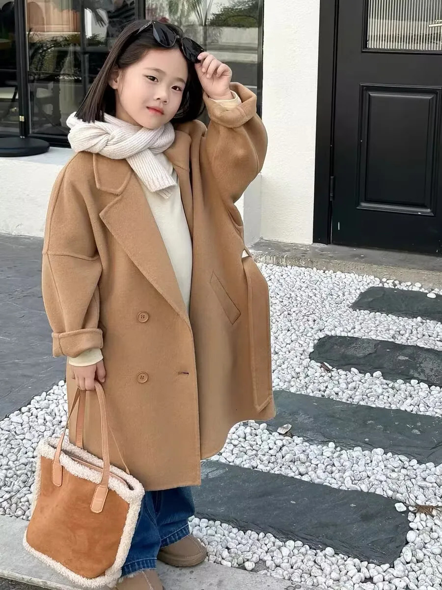 Childrens Double sided Cashmere Coat AutumnWinter Girls Woolen Medium to Long Jacket 90150cm 251103