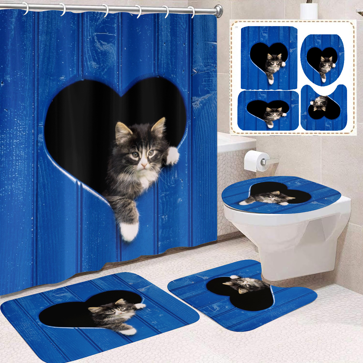 YL-37675 Black and White Cat Shower Curtain Waterproof and Mildew-proof Digital Print Shower Curtain Four-Piece Set