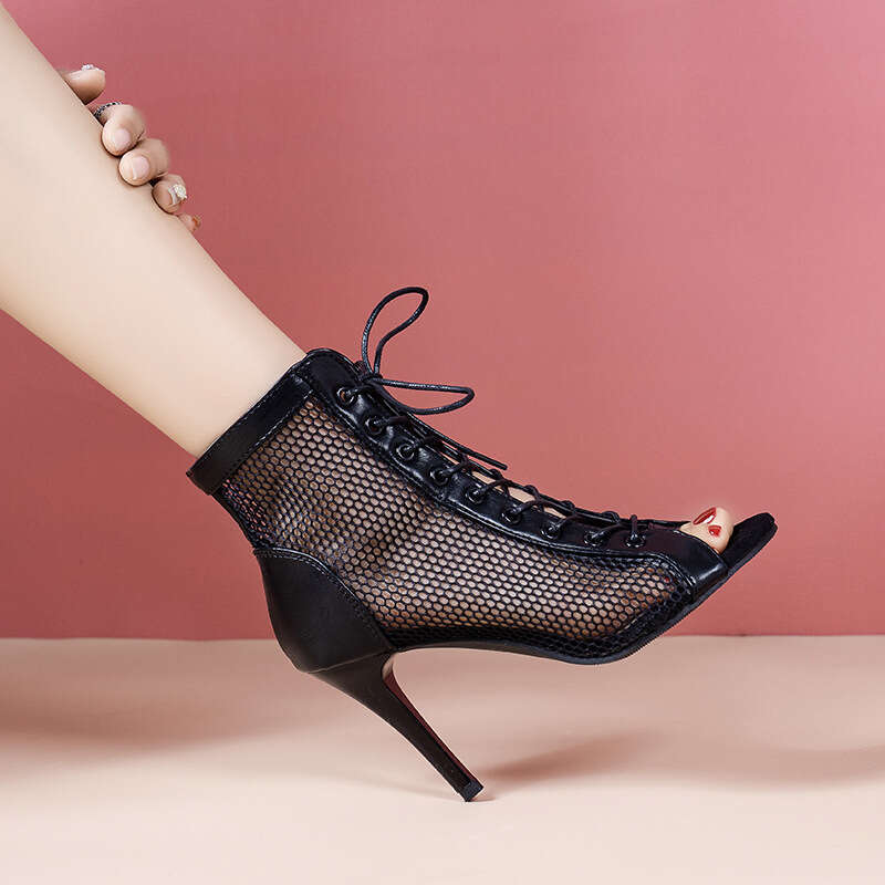 Woman Sandals Spring Summer New Hollow Cool Boots Women Lace Up Mesh Boots Fish Mouth Slim Heels Jazz Dance High Heeled Sandals For Women