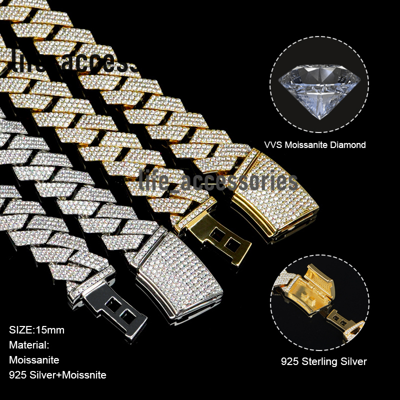 15mm 18mm Mens Gig Cuban Chain Gold Necklace Moissanite Vvs 925 Sterling Silver Necklace Cuban Link Chain