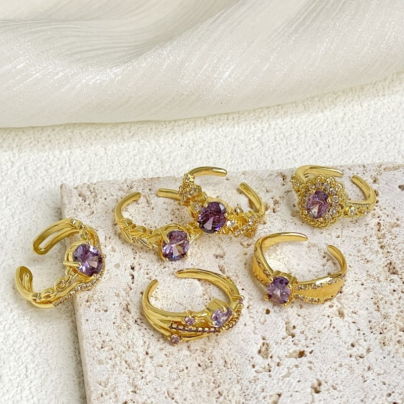 Designer Ring Gold Light Fashion Ring Luxury High-end Niche Accessories For Women New Nine Purple Fire Color Gemstone Zircon Vintage Brushed Open Ring