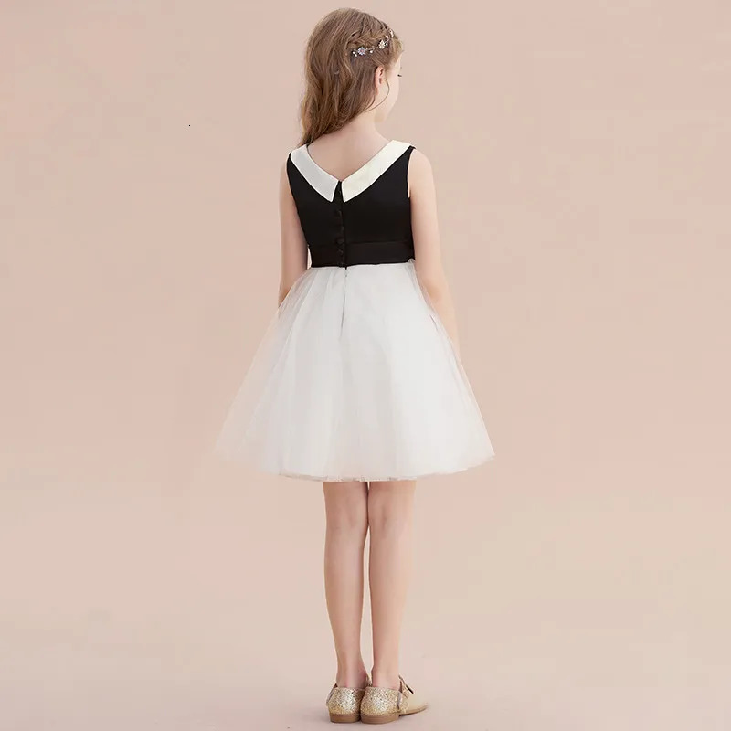 Customized white and black satin chiffon short girl party dress cute bow flower girl dress princess birthday party dress 250403