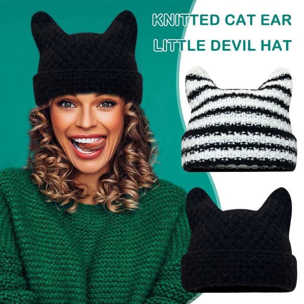 2025 Beanie Hat Ins Little Devil Striped Knitted Wool Cap Autumn and Winter Crochet Cute Cat Ears Pointed Pullover Womens HatsXJ251110