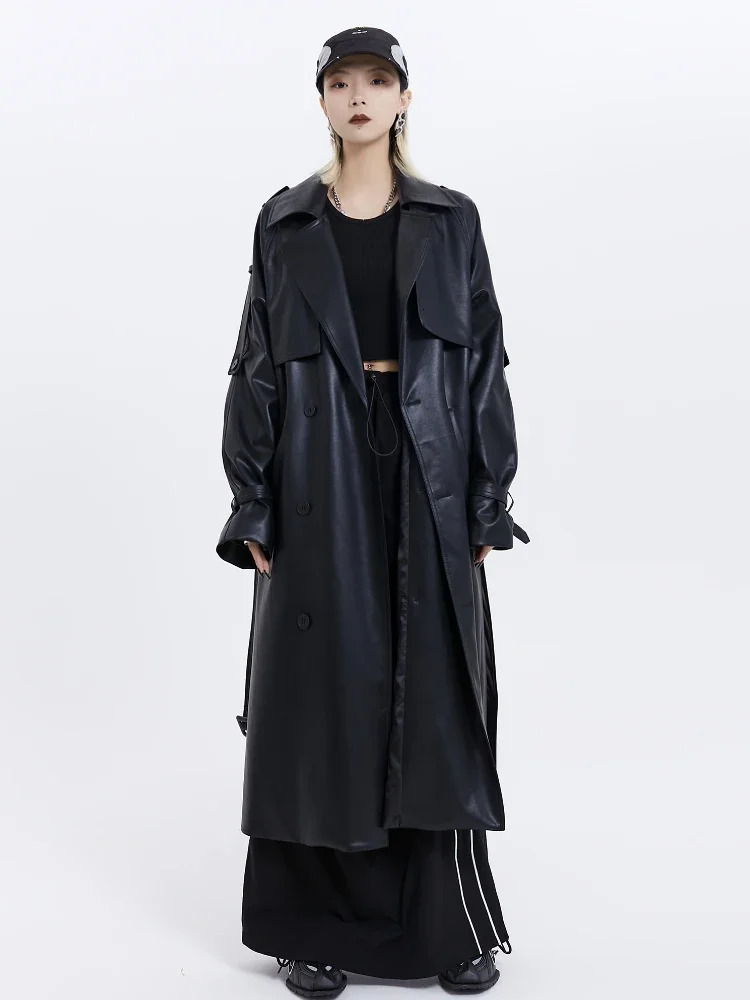 ADAGRIL Black Leather Trench Jacket Womens Retro Bicycle Long Windproof Loose Korean Fashion Autumn Winter Style 250410