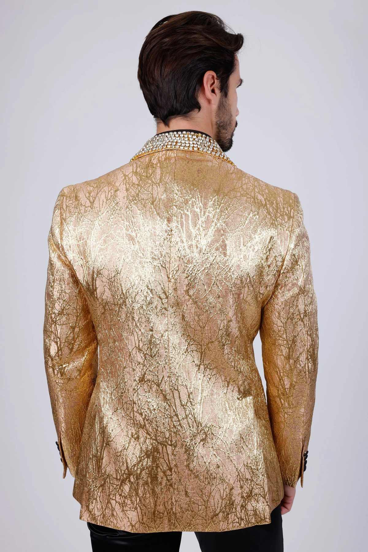 Luxurious Men Suits 2 Pieces Jacquard Peaked Lapel One Button Jacket Sets Crystals Beaded Groom Wedding Tuxedos Customized